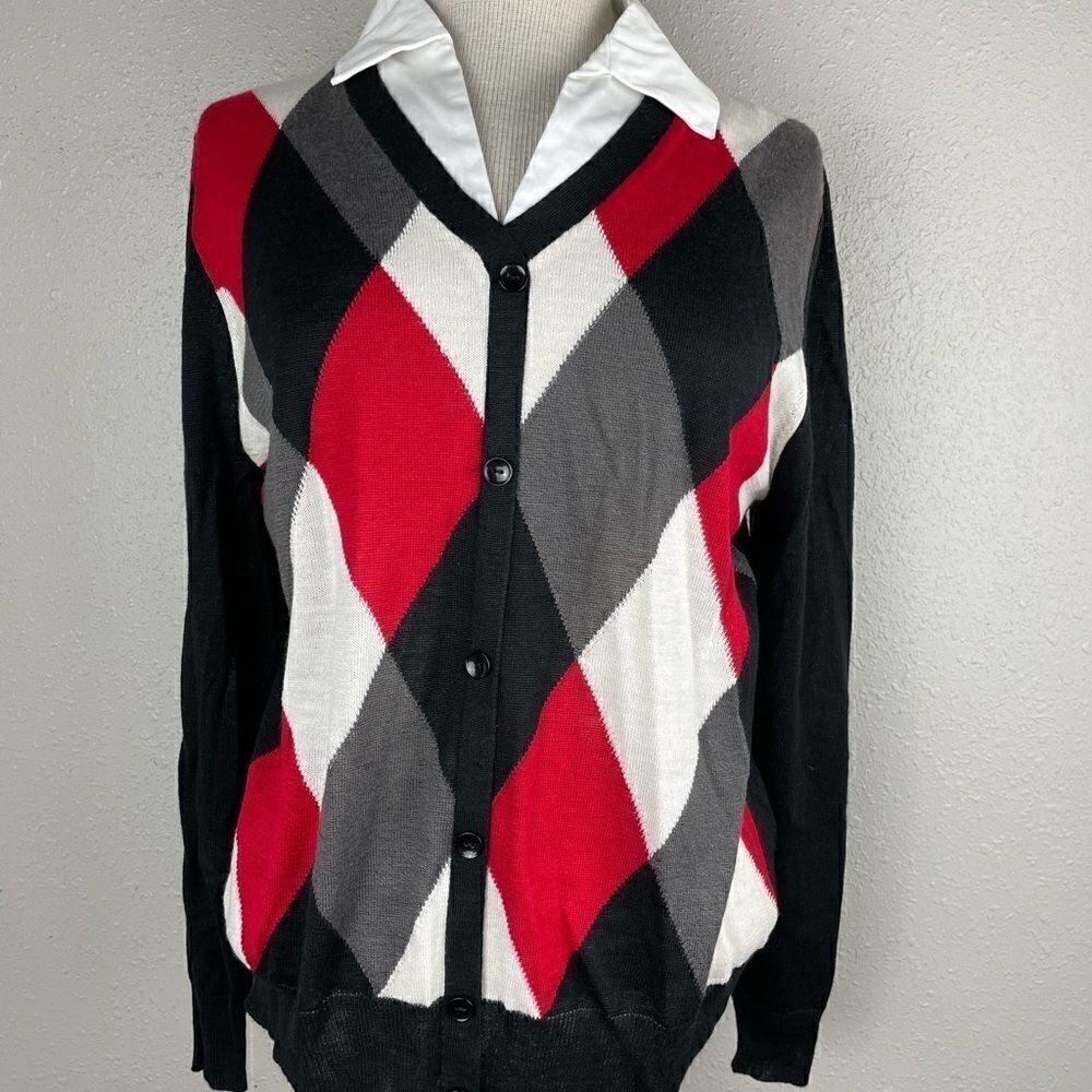 NWT Sag Harbor Womens Argyle Collard Button Down Cardigan Sweater Size M